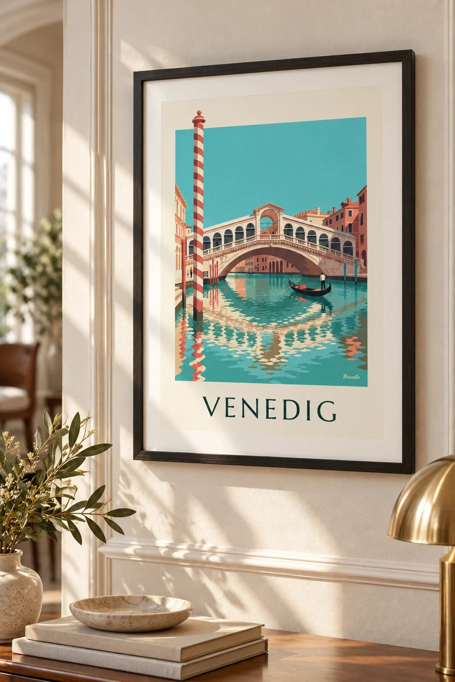 Poster Rialtobrücke und Gondel auf dem Canal Grande in Venedig: kleines A4-Format, gerahmt