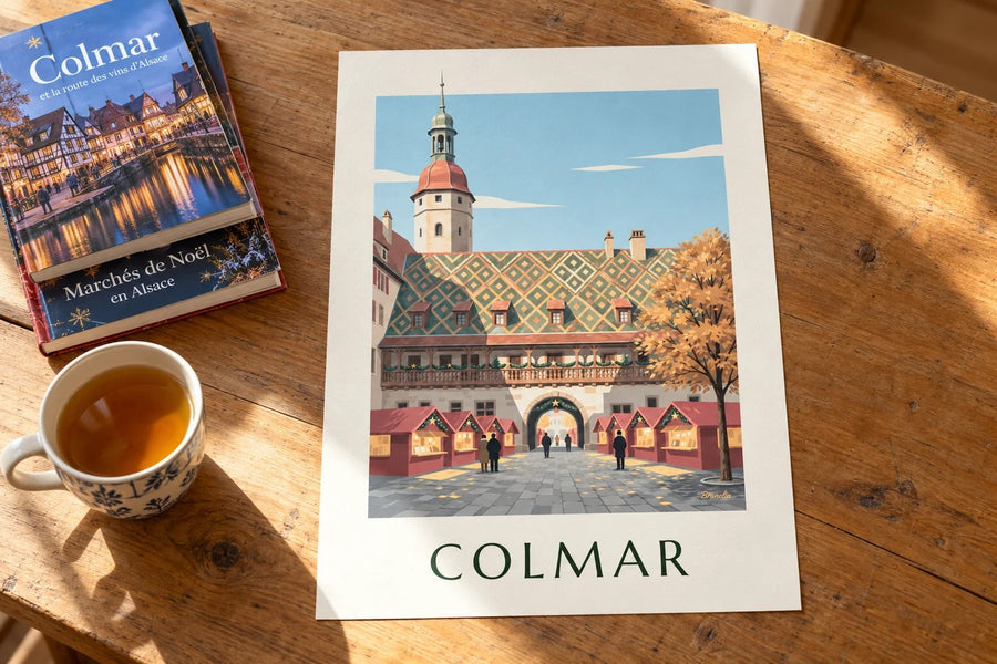 Affiche marché de Noël de Colmar au Koïfhus : posée sur une table
