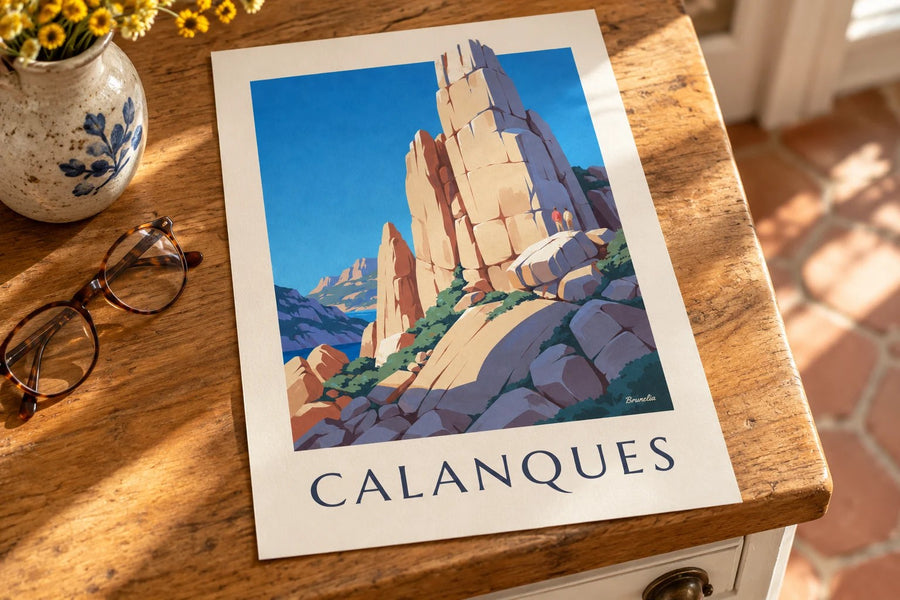 Affiche Grande Candelle, calanques de Sugiton : posée sur une table
