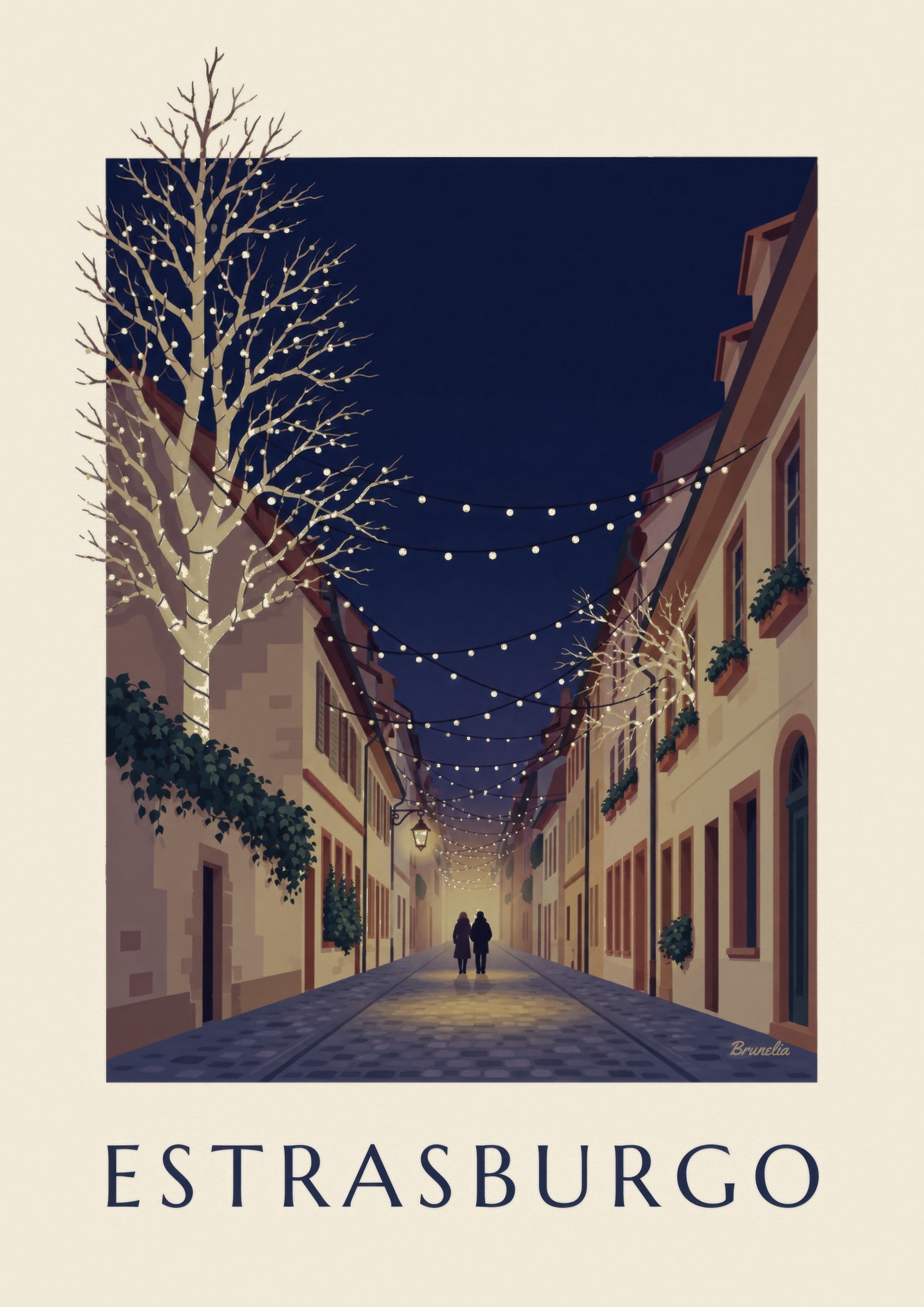 Poster einer weihnachtlich beleuchteten Gasse in Strasbourg (Titel ESTRASBURGO): Detail in Nahaufnahme