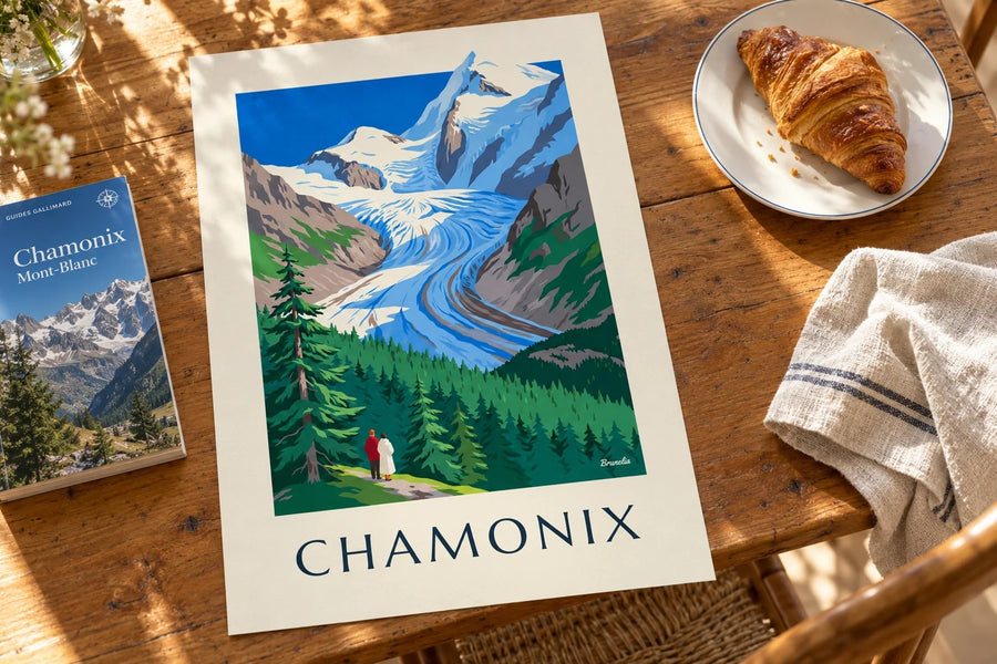 Affiche Chamonix, glacier des Bossons et Mont-Blanc : posée sur une table