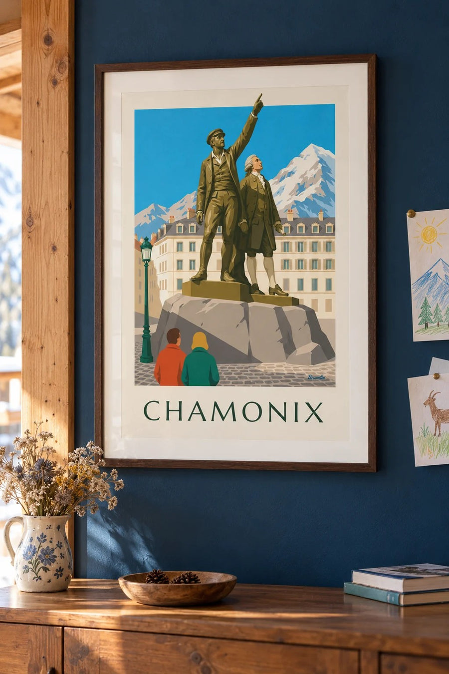 Poster der Statue von Balmat und Saussure in Chamonix : gerahmt an der Wand