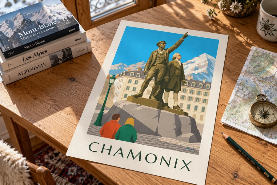 Poster der Statue von Balmat und Saussure in Chamonix : auf einem Tisch aufgestellt