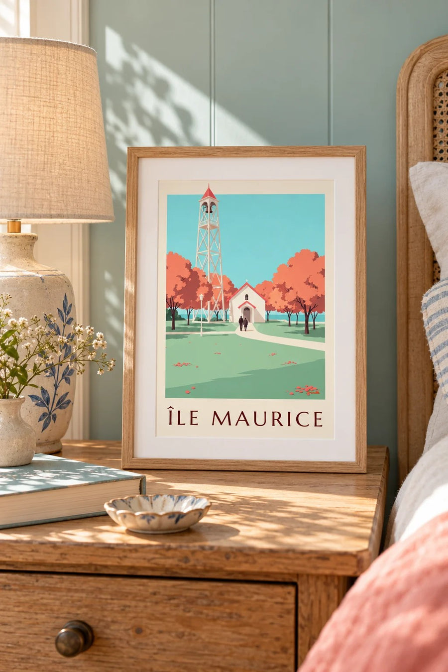 Affiche Île Maurice, église au toit rouge (titre ÎLE MAURICE) : petit format A4 encadré