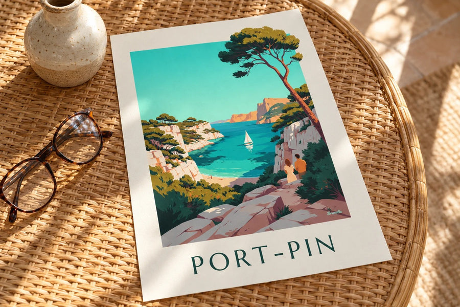 Poster der Calanque de Port-Pin mit Segelboot : auf einem Tisch aufgestellt