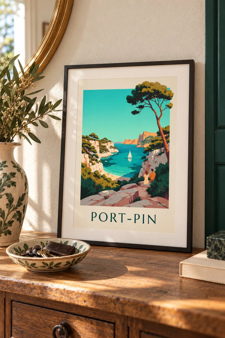 Poster der Calanque de Port-Pin mit Segelboot : kleines A4-Format, gerahmt