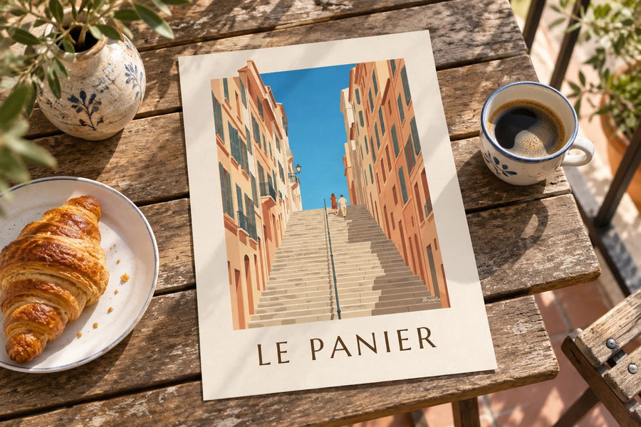 Poster der Treppen der Montée des Accoules : auf einem Tisch aufgestellt