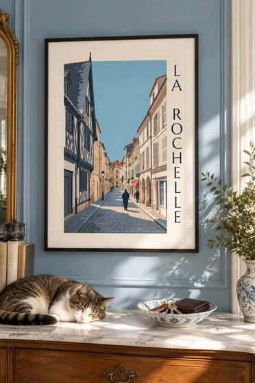 Poster eines Fachwerkhauses in La Rochelle : gerahmt an der Wand