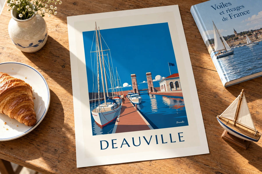 Poster Port-Deauville mit Yachthafen und Segelbooten : auf einem Tisch aufgestellt