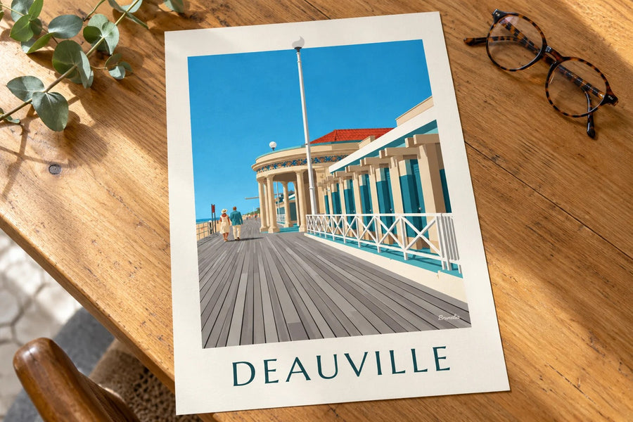 Affiche Deauville les Planches et les Bains pompéiens : posée sur une table