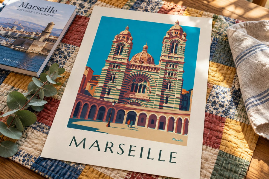 Affiche cathédrale de la Major à Marseille : posée sur une table
