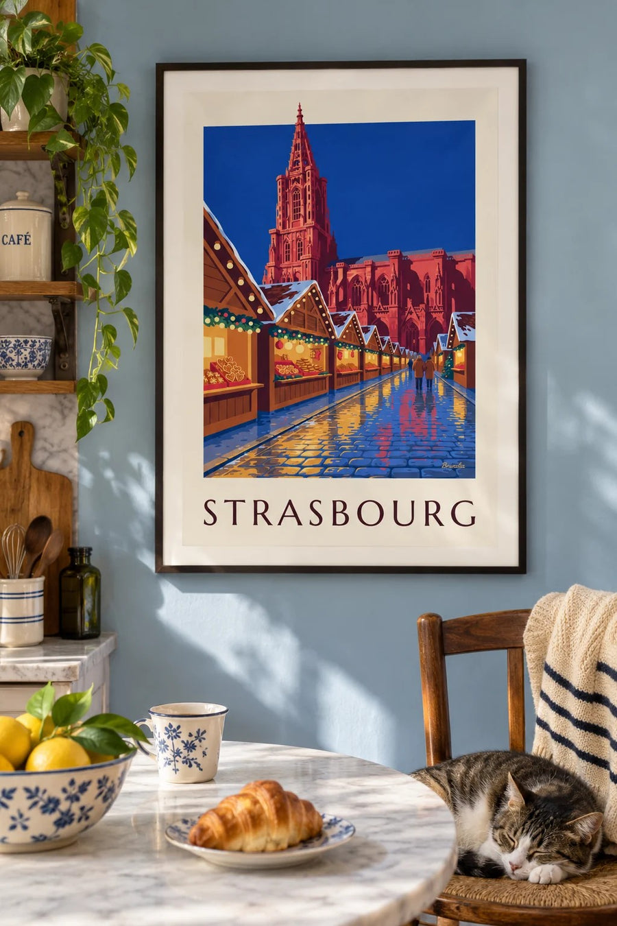 Poster Weihnachtsmarkt in Strasbourg bei Nacht : gerahmt an der Wand