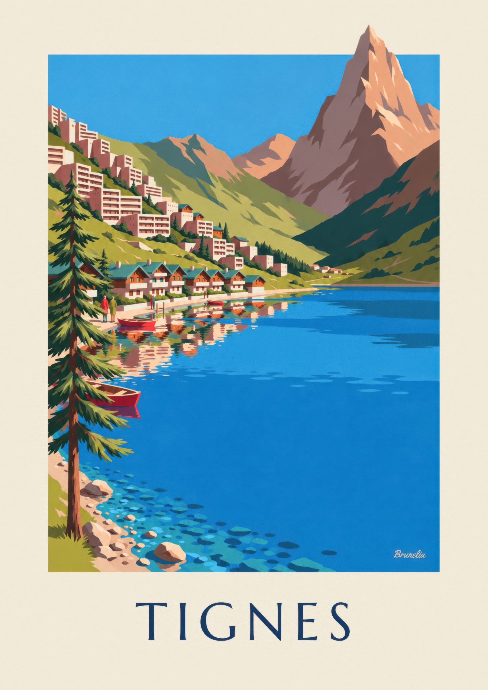 Poster Tignes, der See und Tignes-Le Lac im Sommer: Detail in Nahaufnahme