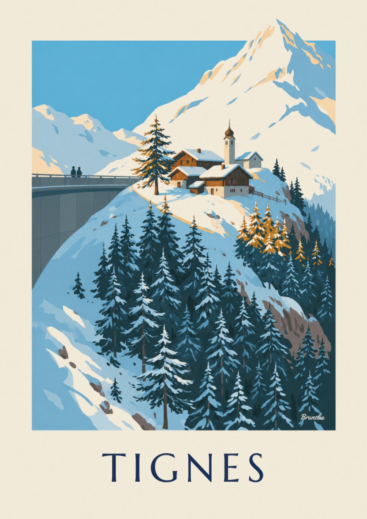 Poster Tignes 1800 und sein Kirchturm im Winter
