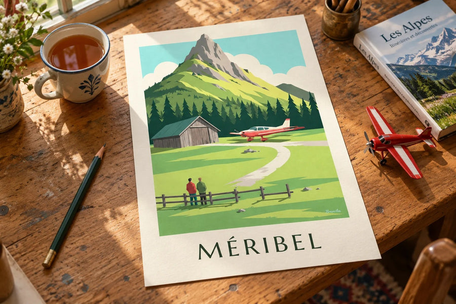 Poster Méribel, kleines Flugzeug am Altiport : auf einem Tisch aufgestellt