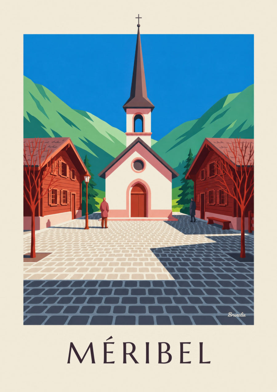 Poster Méribel, rosafarbene Kapelle