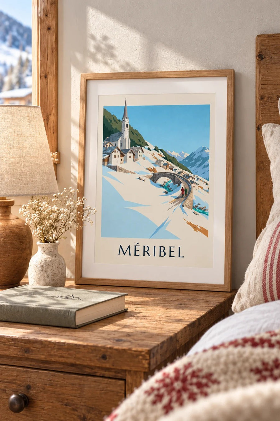 Affiche Méribel, le pont et l'église des Allues : petit format A4 encadré