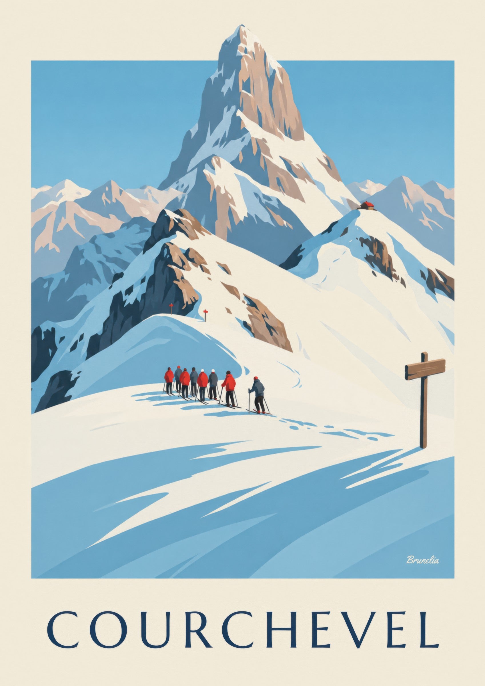 Courchevel-Poster mit Skifahrern vor der Vanoise: Detail in Nahaufnahme