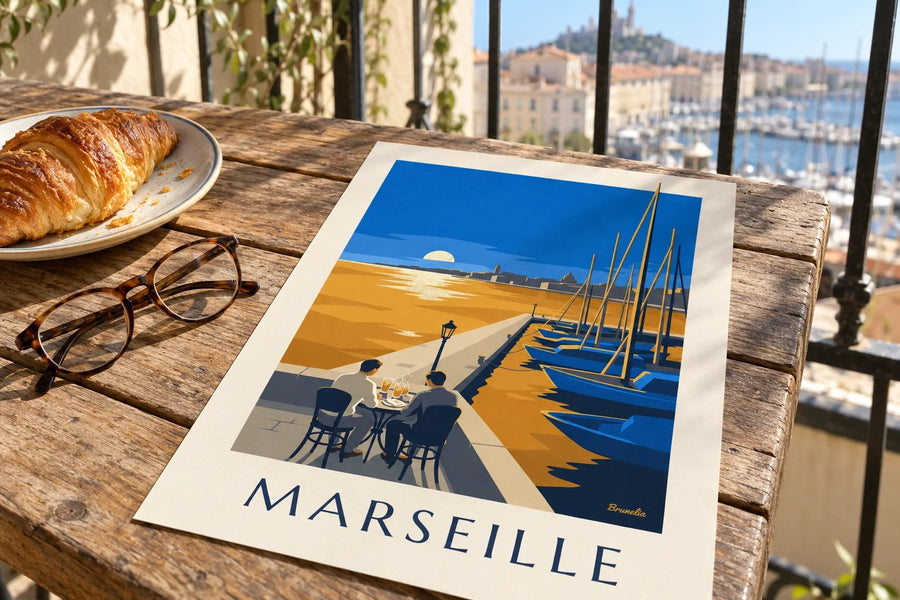 Poster mit Aperitif bei Sonnenuntergang in Marseille : auf einem Tisch aufgestellt