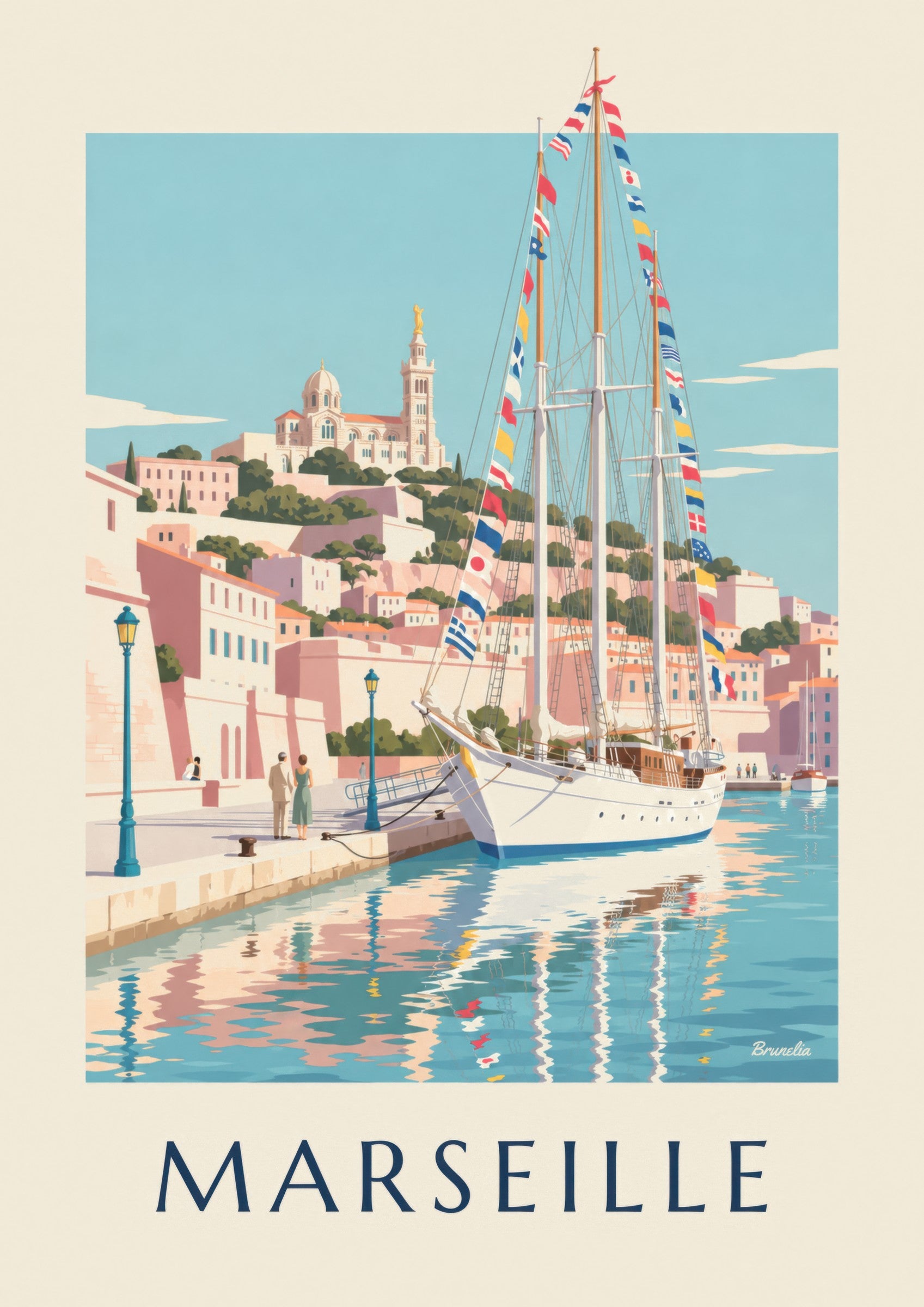 Poster mit großem Segelschiff im Hafen von Marseille: Detail in Nahaufnahme