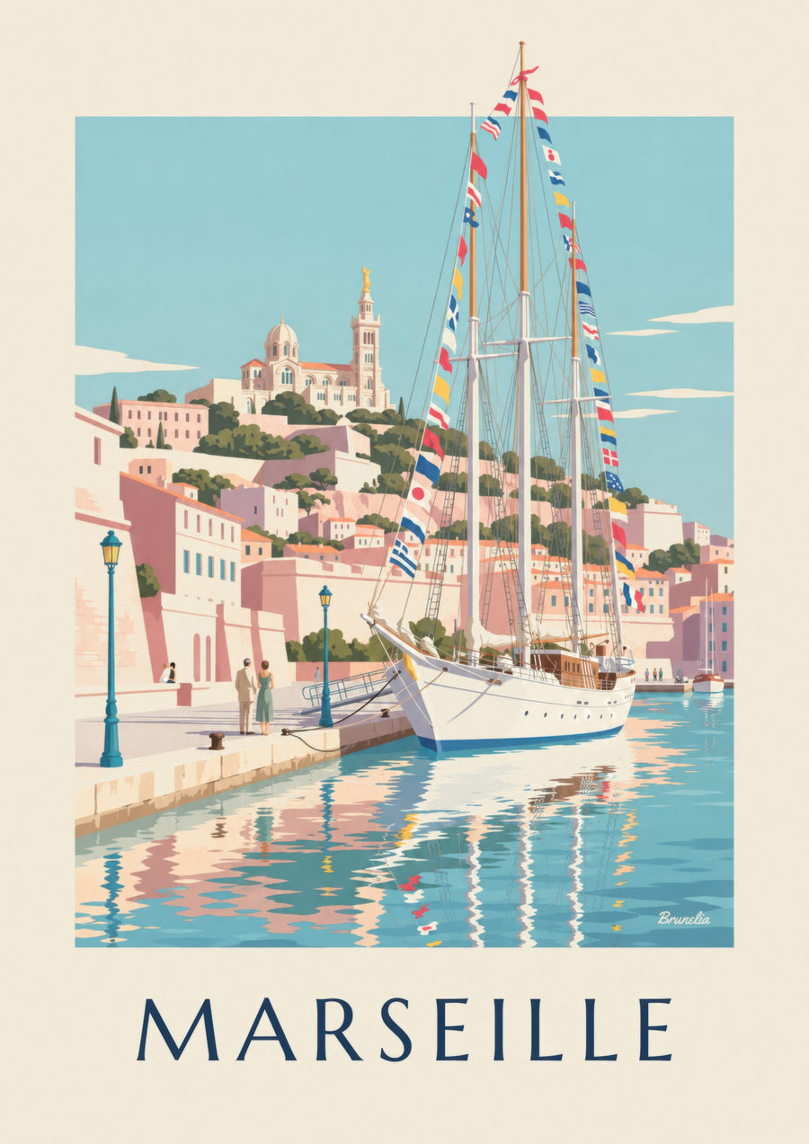 Poster mit großem Segelschiff im Hafen von Marseille