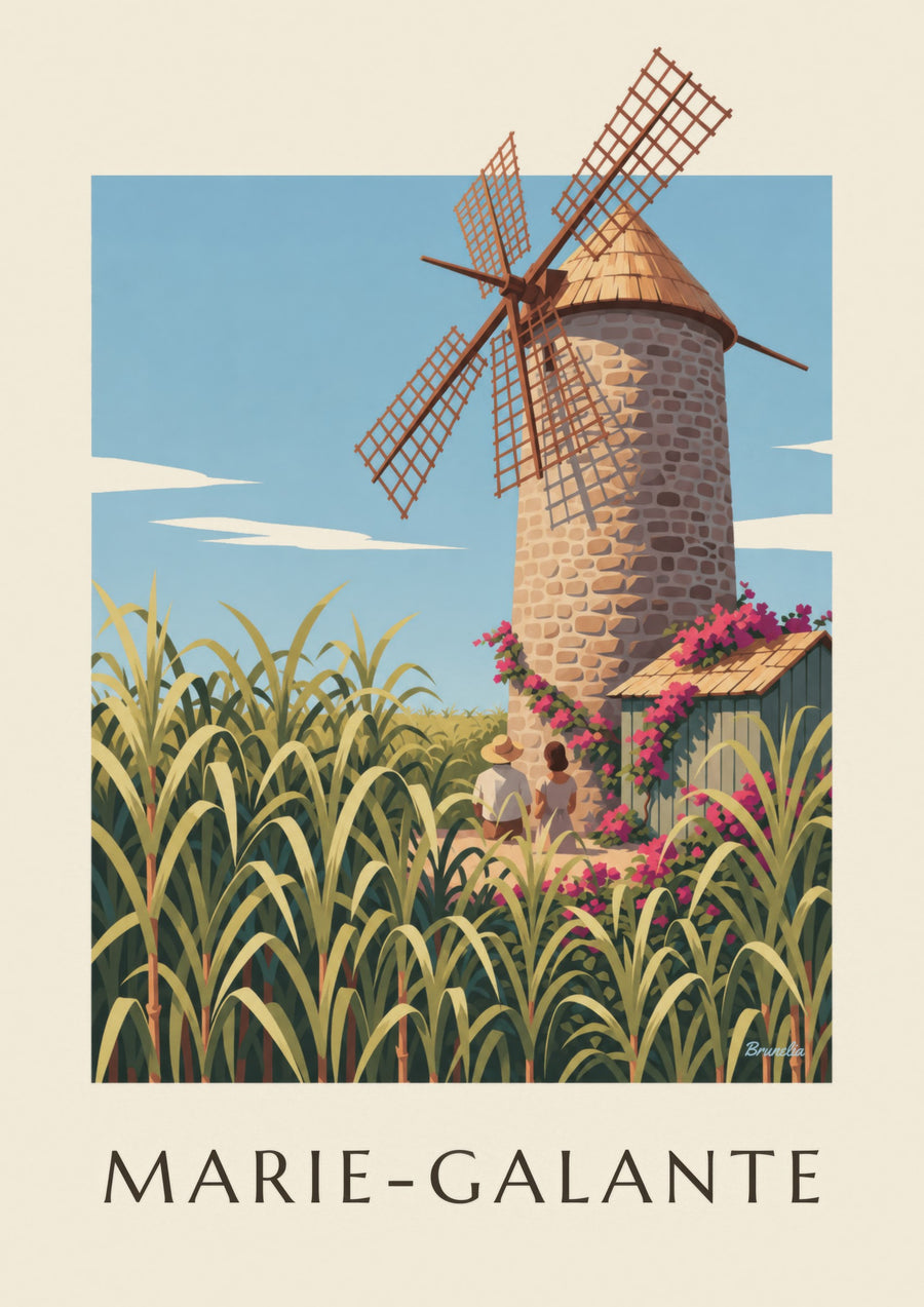 Poster Guadeloupe, Bézard-Mühle auf Marie-Galante