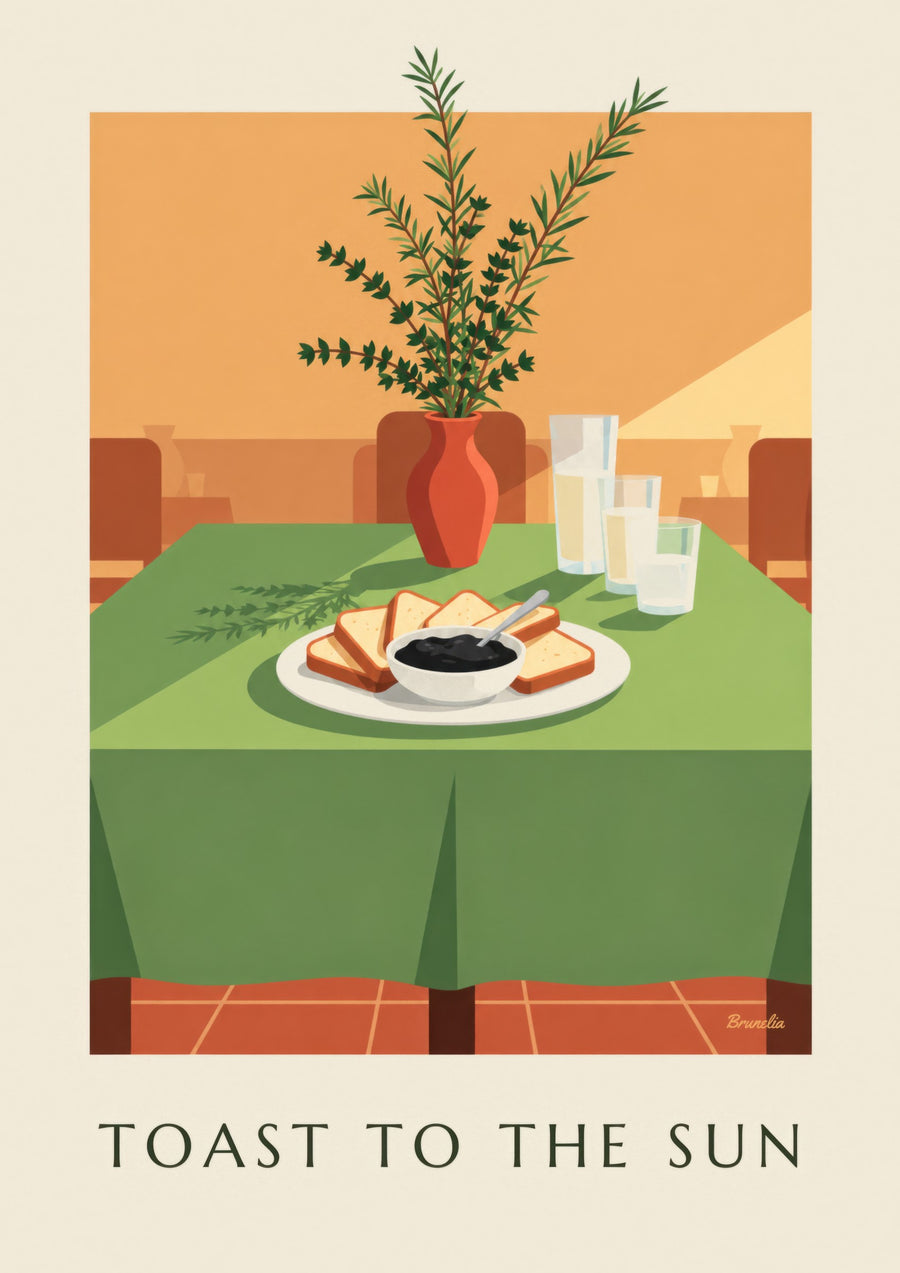 Poster mit schwarzer Tapenade und Toasts zum Aperitif