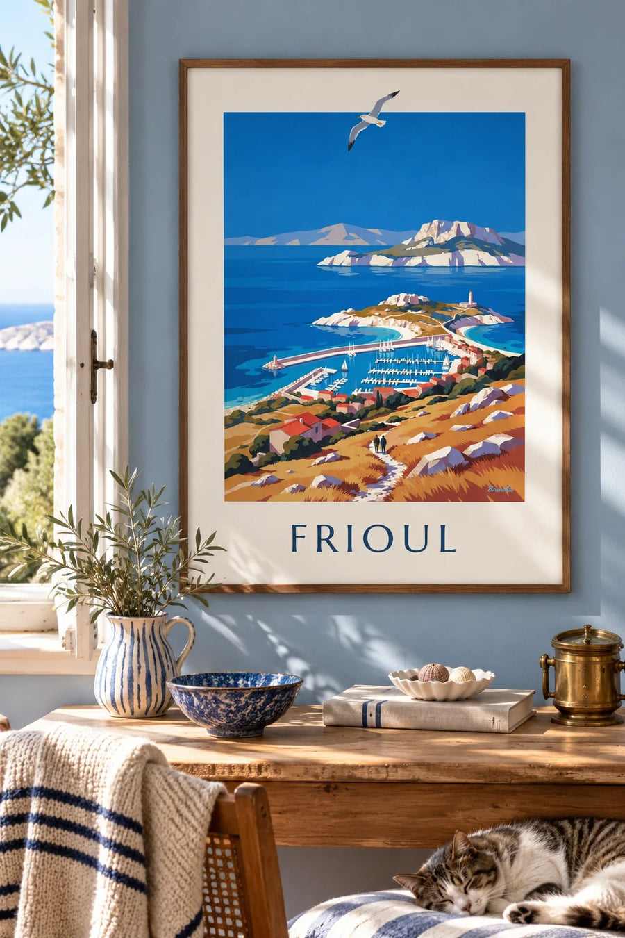 Affiche port des îles du Frioul à Marseille : encadrée au mur