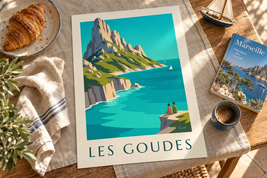 Poster Insel Maïre vor Les Goudes, türkisfarbenes Wasser : auf einem Tisch aufgestellt