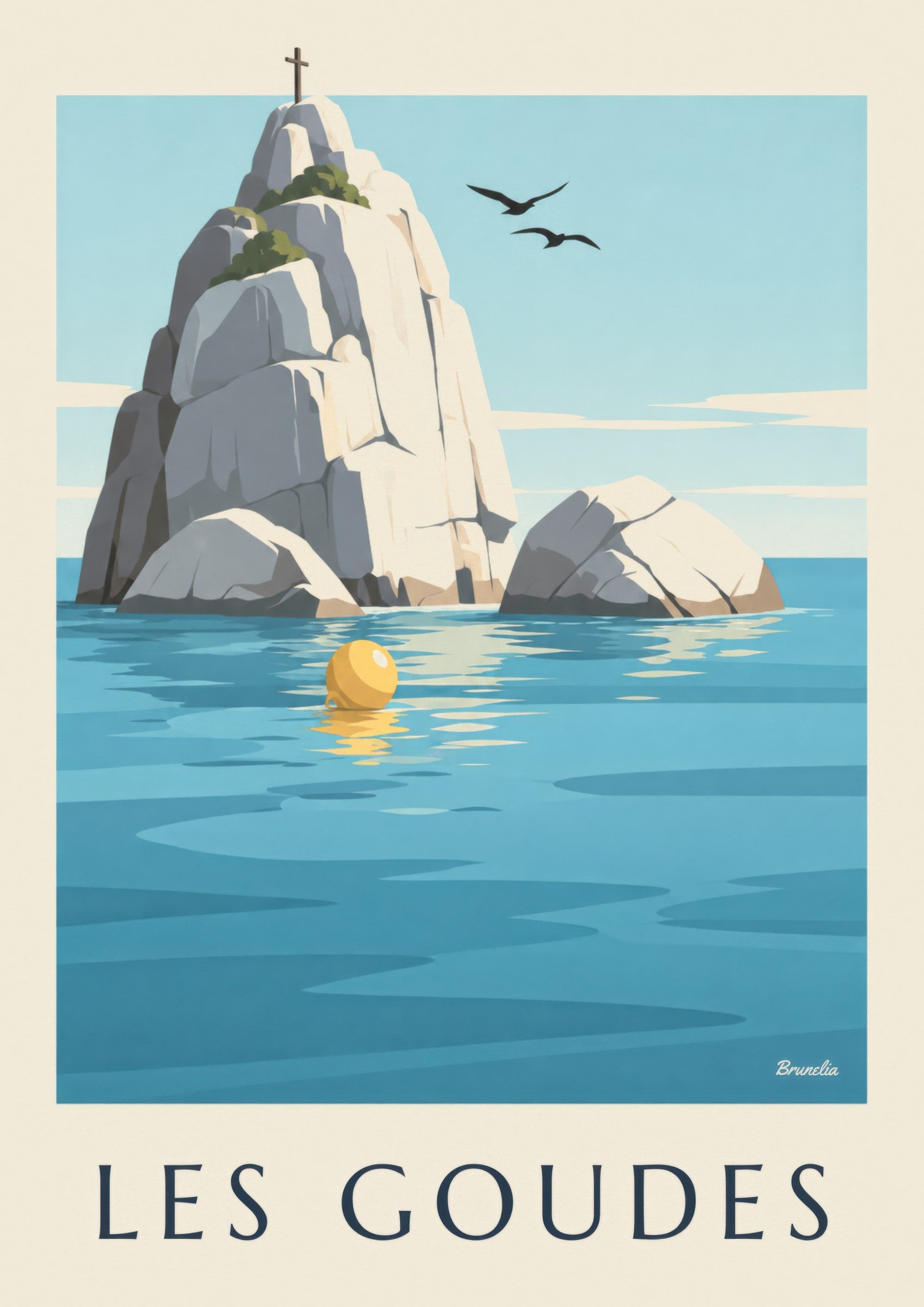 Poster der kleinen Insel Tiboulen de Maïre mit ihrem Kreuz: Detail in Nahaufnahme