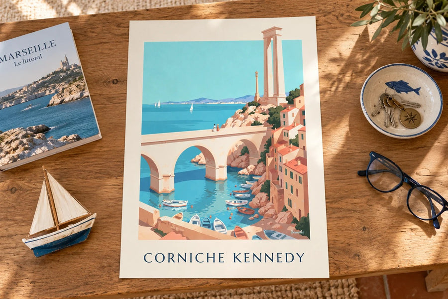 Affiche Corniche Kennedy à Marseille : posée sur une table