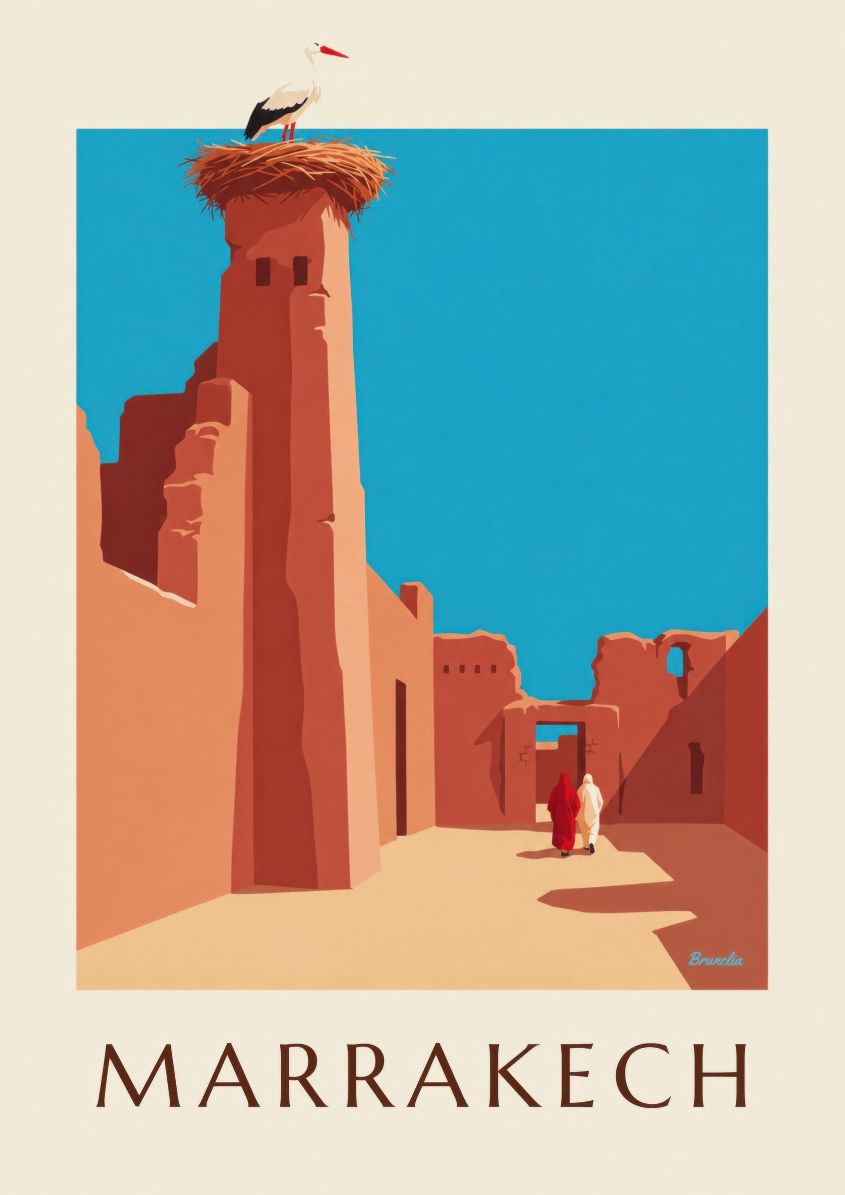 Affiche cigogne sur les remparts d’El Badi à Marrakech: Detail in Nahaufnahme