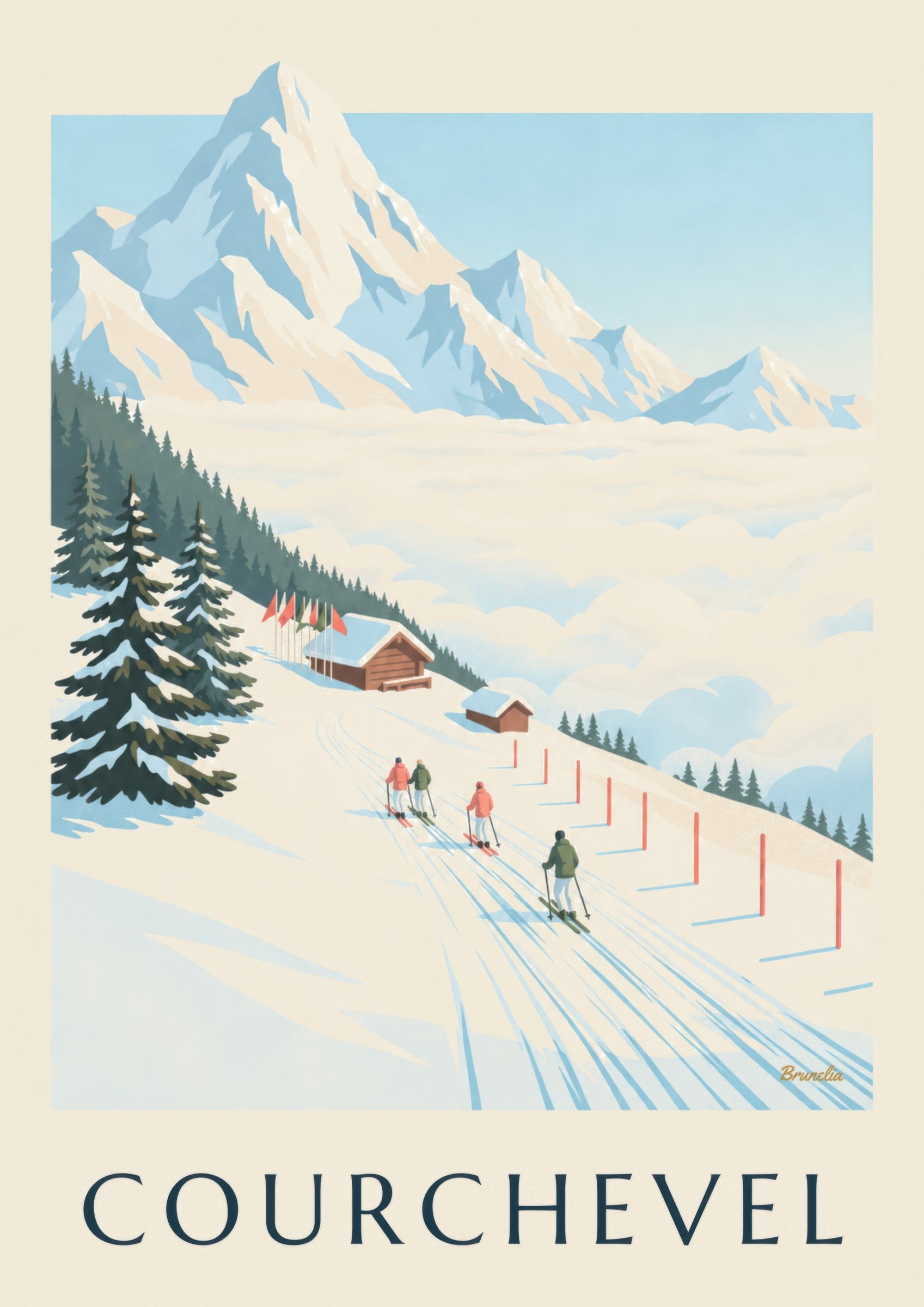 Poster der Pisten von Courchevel mit Blick auf den Mont Blanc: Detail in Nahaufnahme