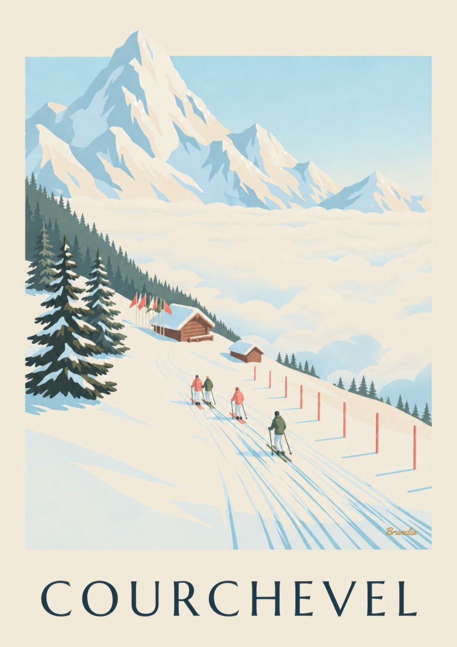 Poster der Pisten von Courchevel mit Blick auf den Mont Blanc