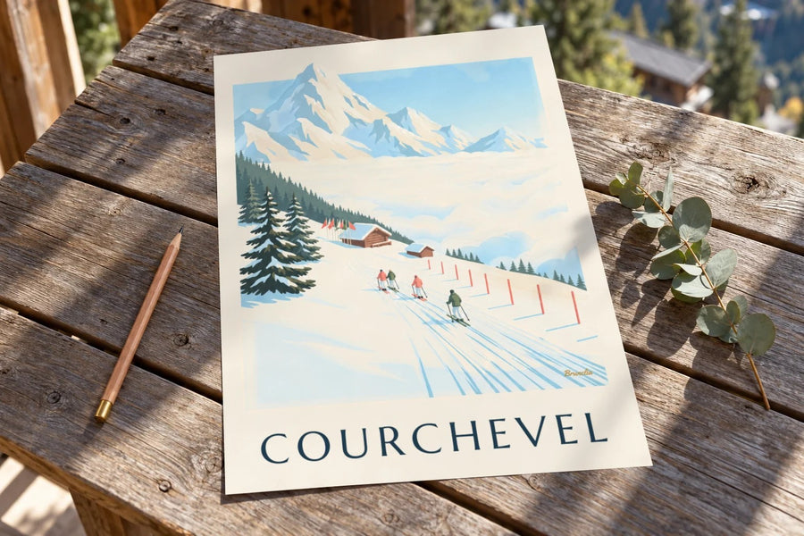 Poster der Pisten von Courchevel mit Blick auf den Mont Blanc : auf einem Tisch aufgestellt