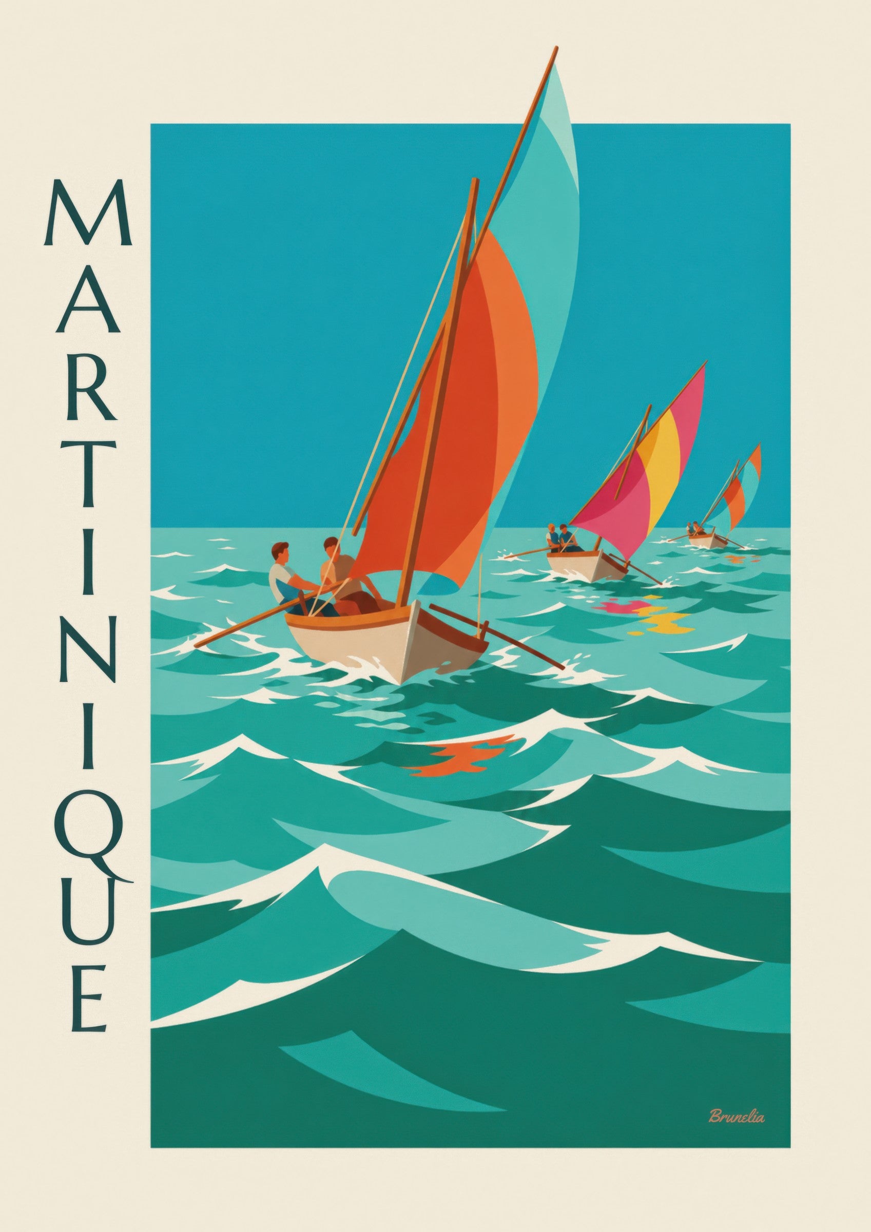 Affiche Martinique, course de yoles aux voiles colorées: Detail in Nahaufnahme