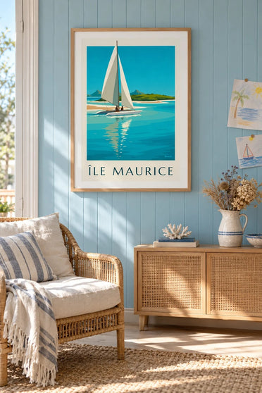 Poster Île aux Cerfs und türkisfarbene Lagune (Titel ÎLE MAURICE) : gerahmt an der Wand