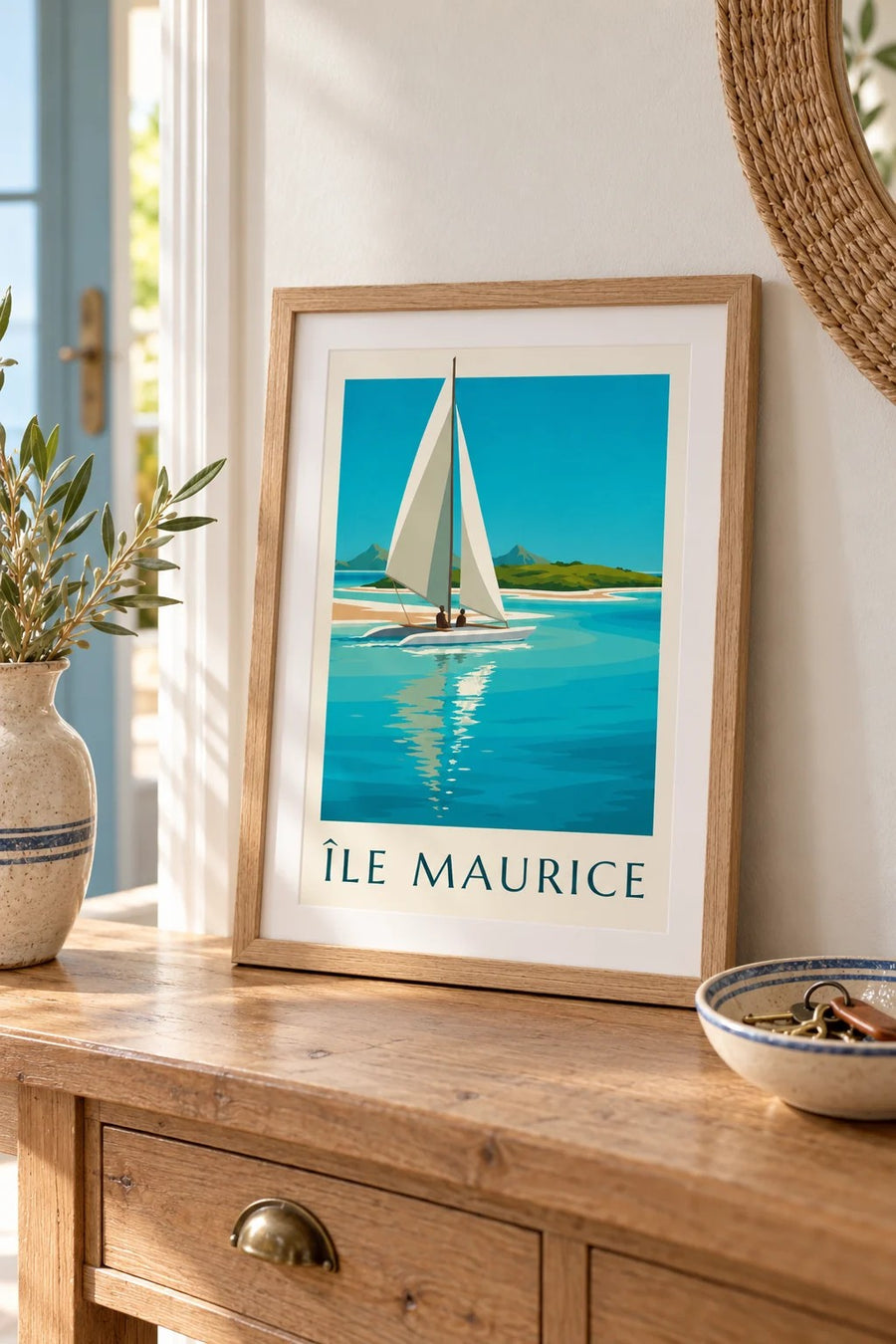 Affiche Île aux Cerfs et lagon turquoise (titre ÎLE MAURICE) : petit format A4 encadré