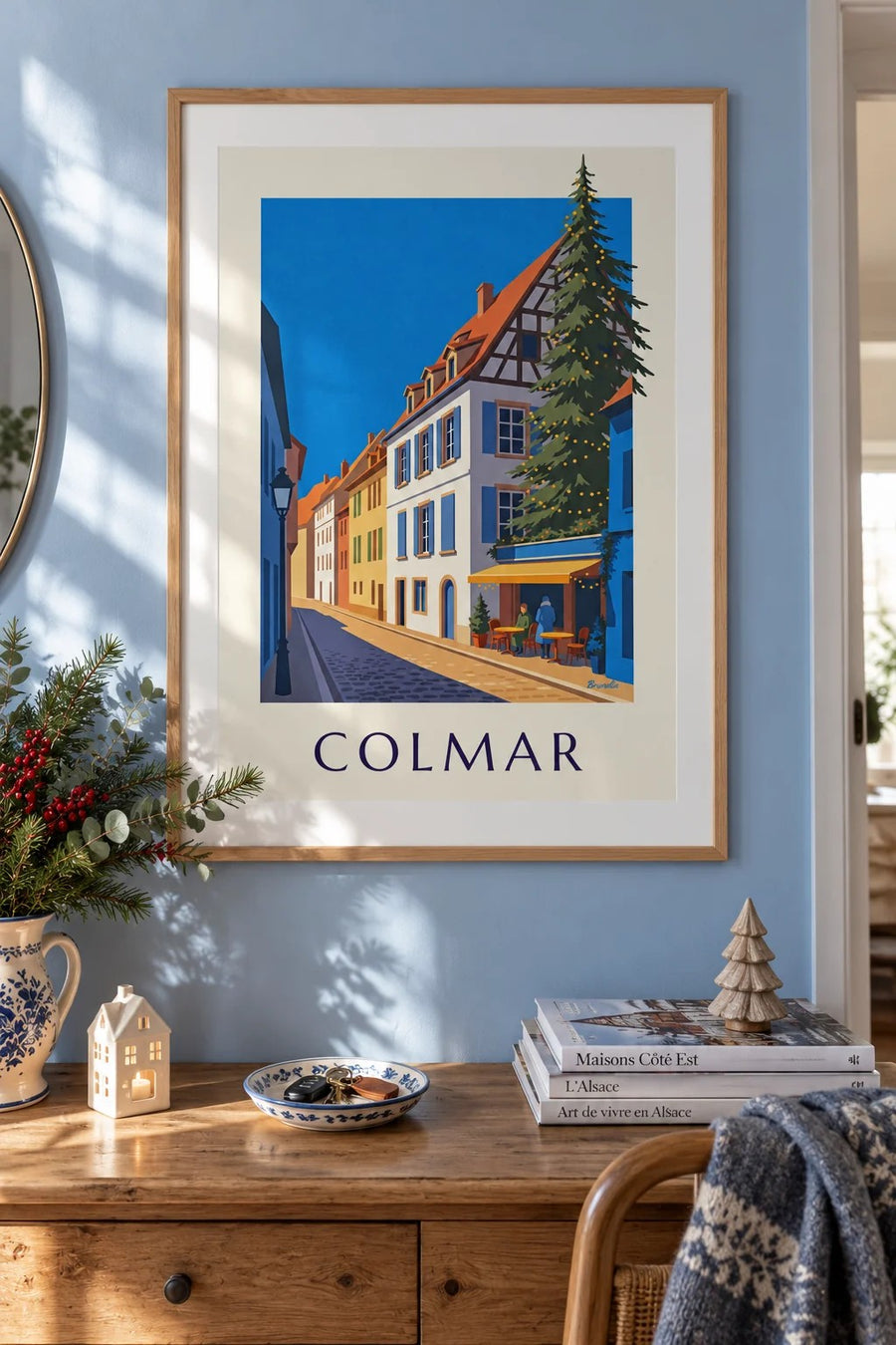 Poster vom weihnachtlich beleuchteten Colmar, Viertel der Poissonnerie : gerahmt an der Wand