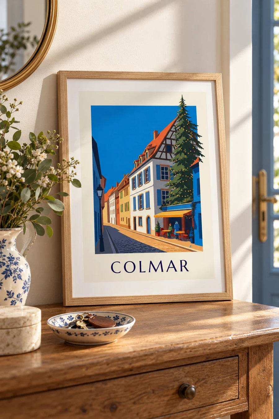 Poster vom weihnachtlich beleuchteten Colmar, Viertel der Poissonnerie : kleines A4-Format, gerahmt