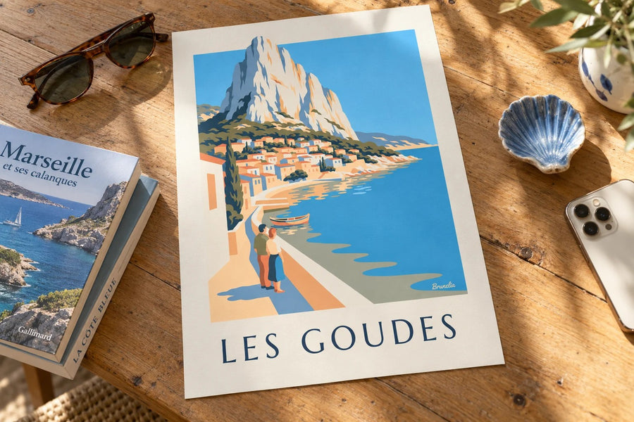 Affiche Les Goudes vue de la mer : posée sur une table