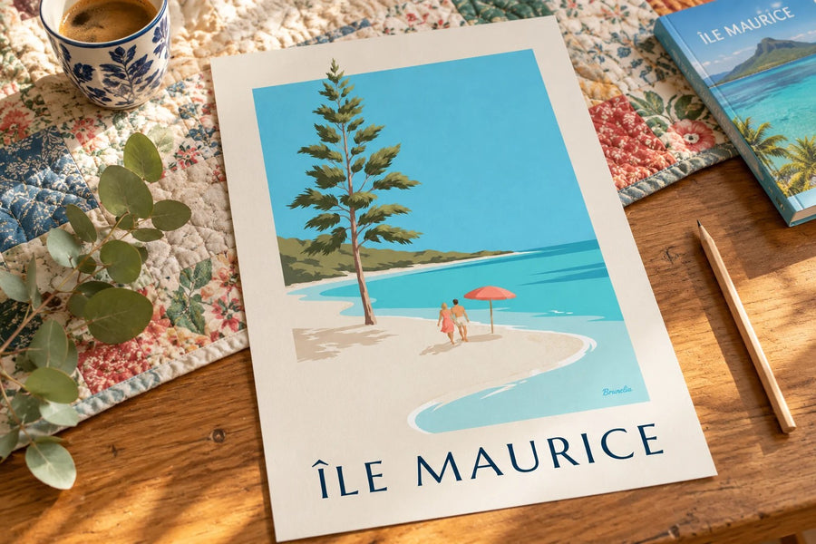 Poster Mauritius, Blue-Bay-Strand (Titel ÎLE MAURICE) : auf einem Tisch aufgestellt