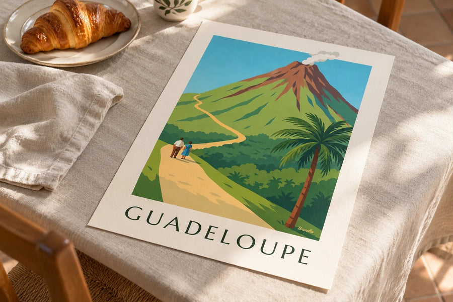 Poster Guadeloupe, Vulkan La Soufrière : auf einem Tisch aufgestellt