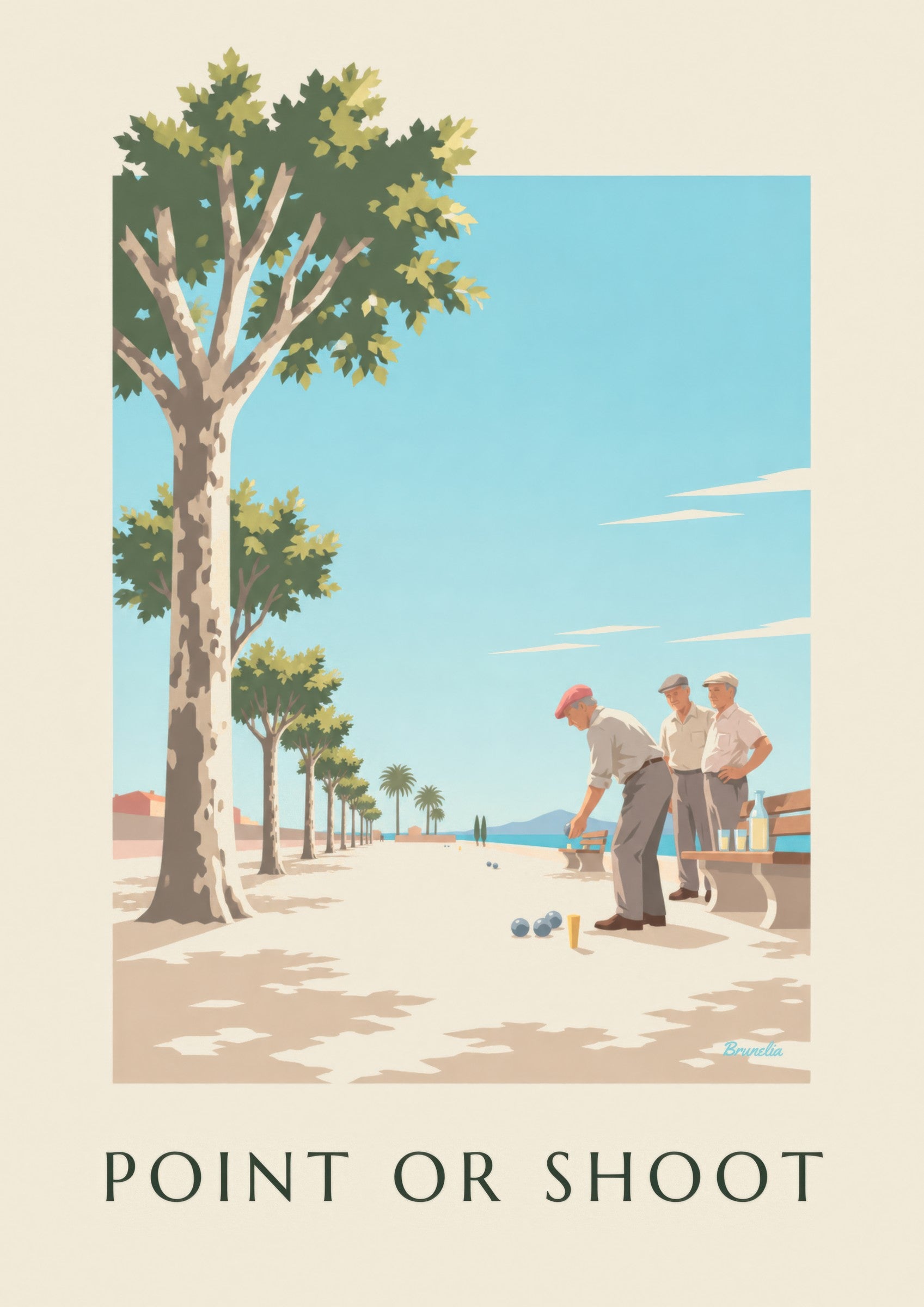 Poster mit einer Boule-Partie unter Platanen: Detail in Nahaufnahme