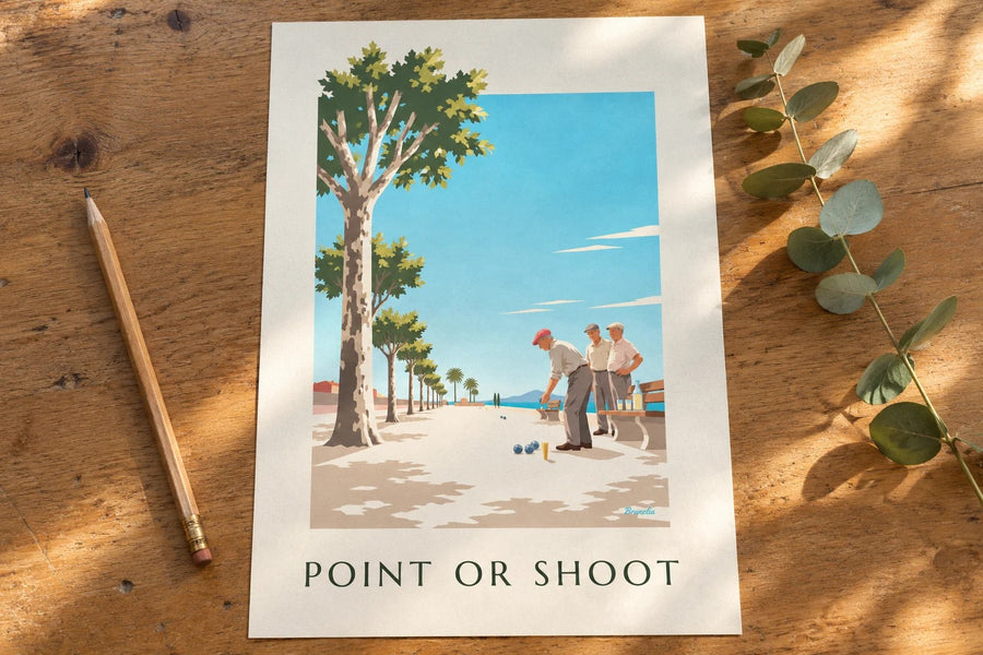 Poster mit einer Boule-Partie unter Platanen : auf einem Tisch aufgestellt