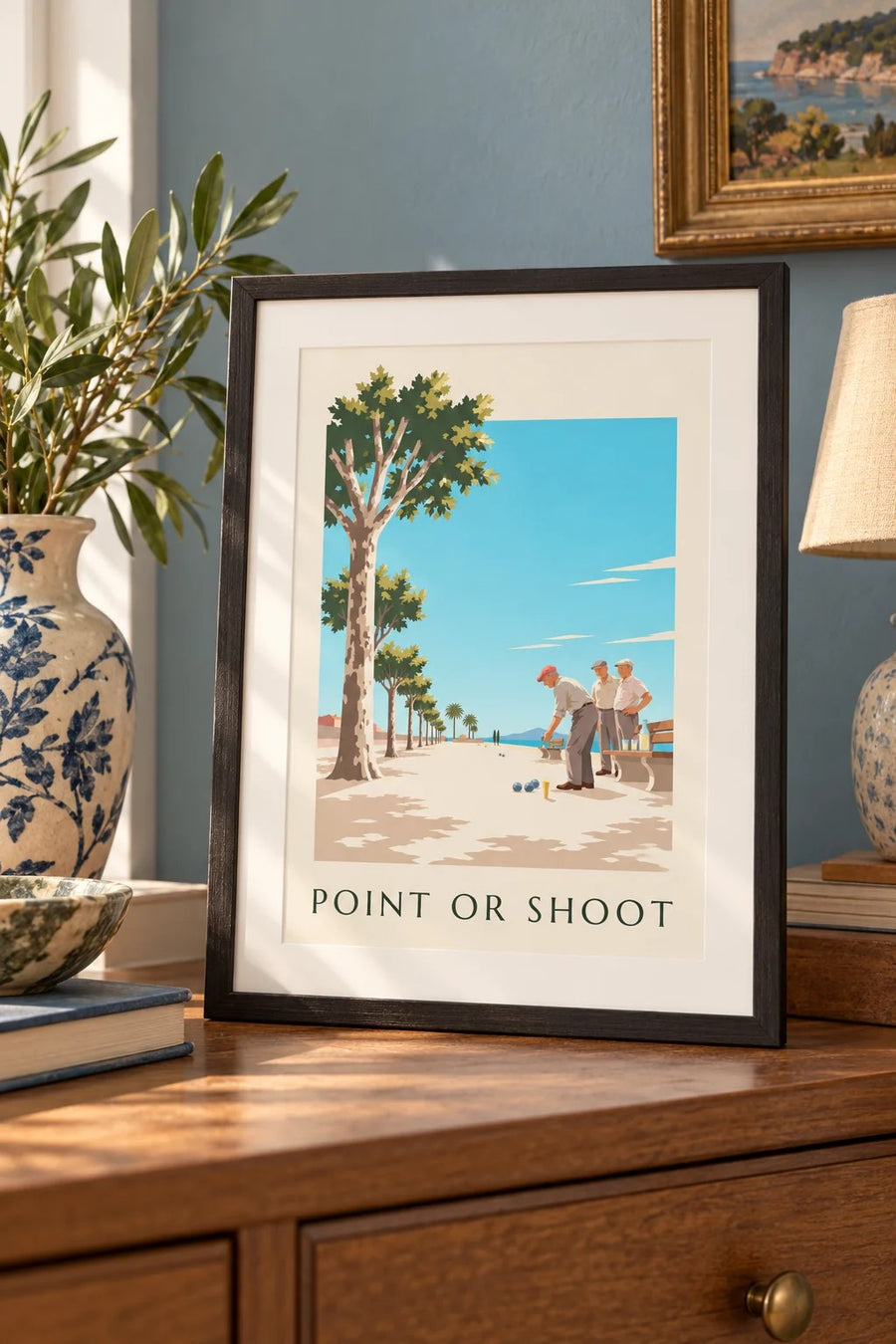 Poster mit einer Boule-Partie unter Platanen : kleines A4-Format, gerahmt