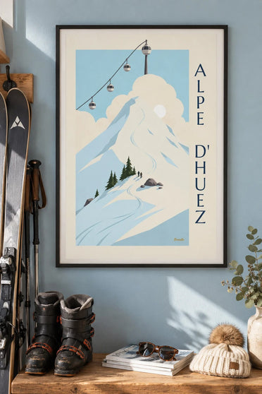 Poster Alpe d'Huez, Eiergondeln über den Pisten : gerahmt an der Wand