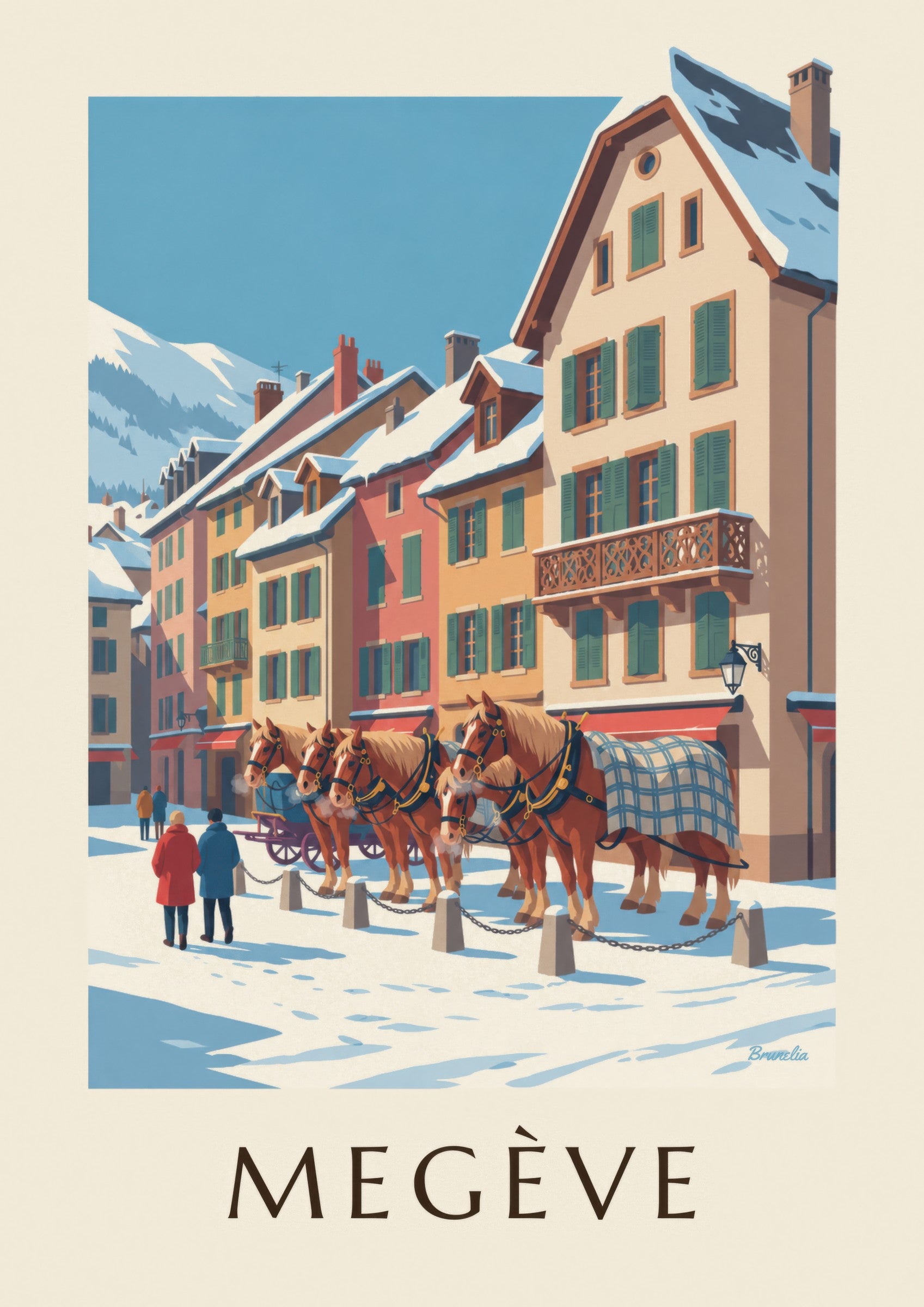 Affiche Megève, chevaux de calèche en hiver: Detail in Nahaufnahme