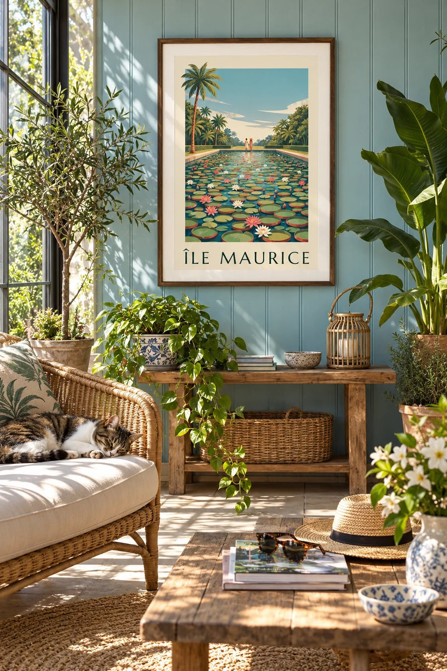 Plakat Mauritius Riesenseerosen (Titel ÎLE MAURICE) : gerahmt an der Wand