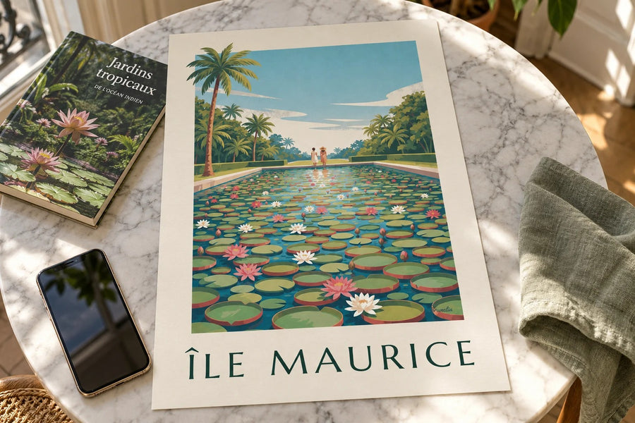Plakat Mauritius Riesenseerosen (Titel ÎLE MAURICE) : auf einem Tisch aufgestellt